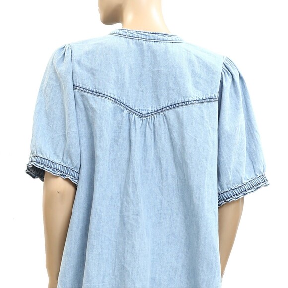 Anthropologie Pilcro The Aly Denim Puff-Sleeve Blouse Top Cotton 1X New 282557 - Picture 8 of 10